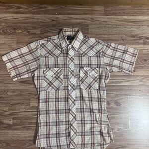Vintage Wrangler Beige and Brown Plaid Button Down Shirt size small